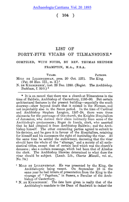 List of Forty-Five Vicars of Tilmanstone