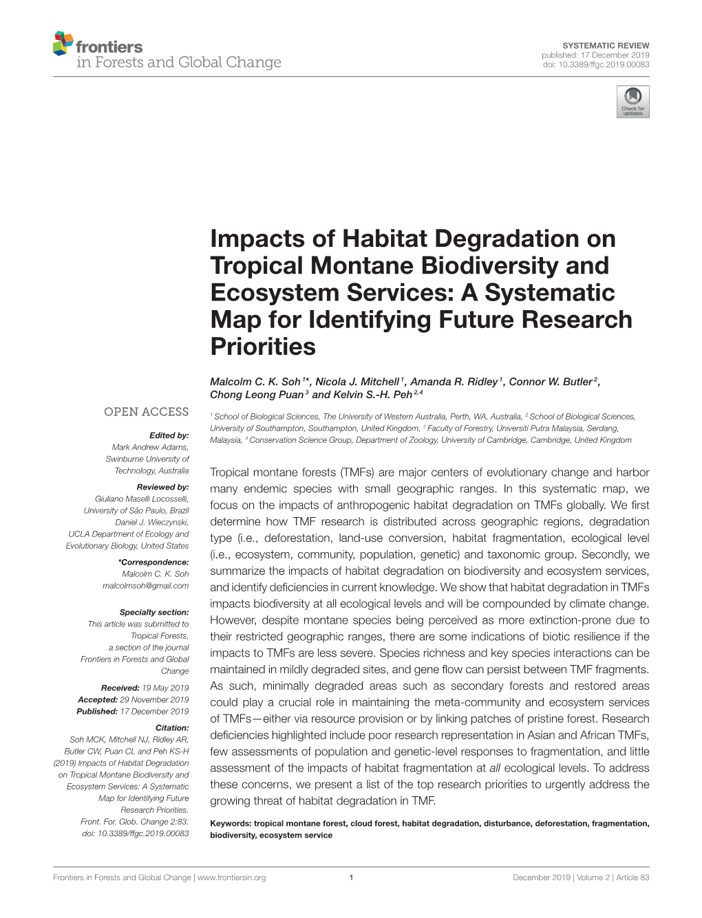 Impacts of Habitat Degradation on Tropical Montane Biodiversity and Ecosystem Services: a Systematic Map for Identifying Future Research Priorities