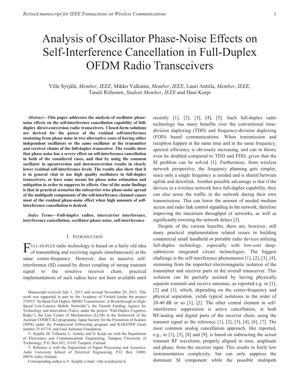 Analysis of Oscillator Phase-Noise Effects on Self-Interference Cancellation in Full-Duplex OFDM Radio Transceivers