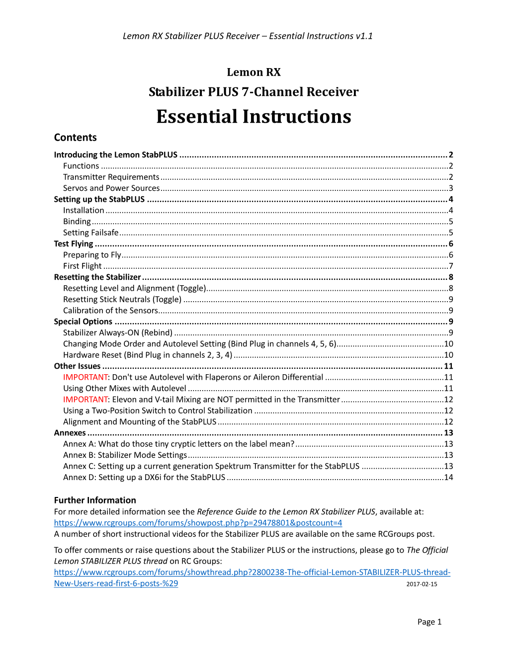 Stabilizer PLUS 7-Channel Receiver Essential Instructions