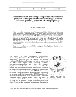 Europäische Nachtfalternächte (European Moth Nights = EMN)", Ihre Sechsjährige Geschichte Und Ihre Ergebnisse (Lepidoptera: "Macrolepidoptera")1