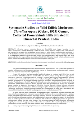 Systematic Studies on Wild Edible Mushroom Clavulina Rugosa (Coker, 1923) Comer, Collected from Shimla Hills Situated in Himachal Pradesh, India