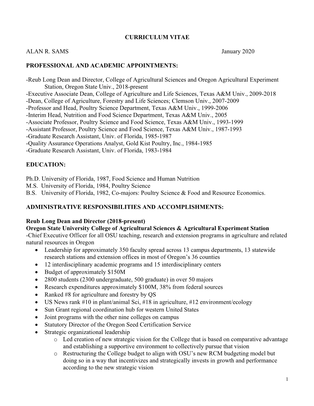 CURRICULUM VITAE ALAN R. SAMS January 2020 PROFESSIONAL