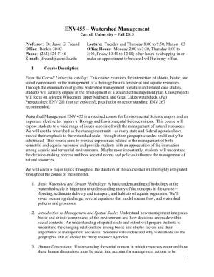 Watershed Management Carroll University – Fall 2013