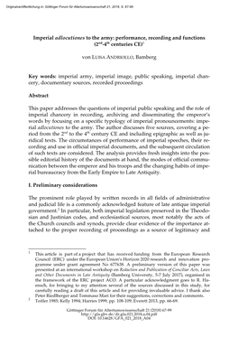 Imperial Adlocutiones to the Army: Performance, Recording and Functions (2Nd-4Th Centuries CE)1