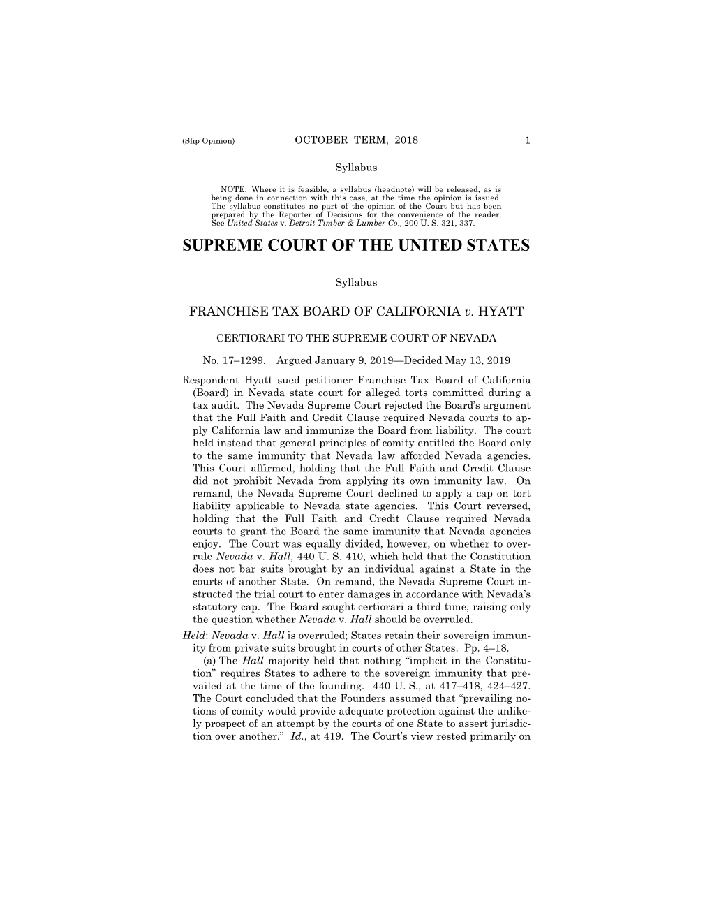 17-1299 Franchise Tax Bd. of Cal. V. Hyatt (05/13/2019)