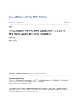 The Applicability of NAFTA to the Subsidization of U.S.-Based NHL Teams: Legal and Economic Perspectives