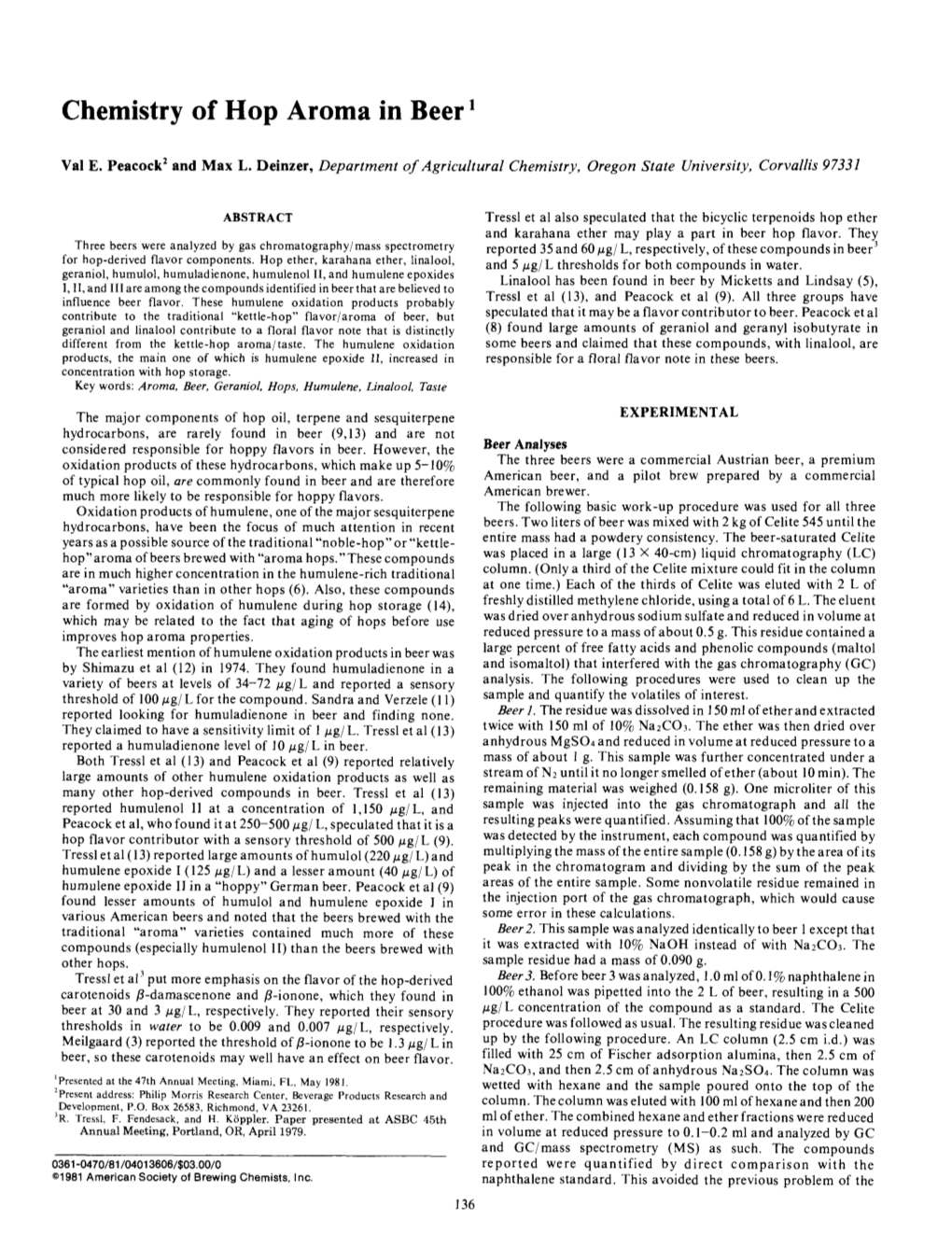 Chemistry of Hop Aroma in Beer'