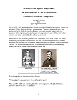 The Flimsy Case Against Mary Surratt: the Judicial Murder of One