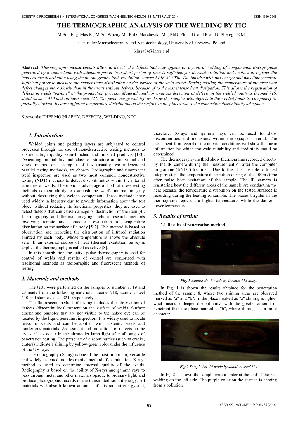 THE TERMOGRAPHIC ANALYSIS of the WELDING by TIG M.Sc., Eng