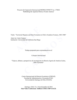 Título: “Territorial Disputes and State Formation in Chile’S Southern Frontera, 1883-1900”