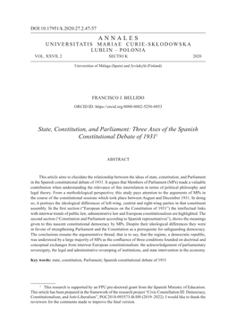 State, Constitution, and Parliament: Three Axes of the Spanish Constitutional Debate of 19311