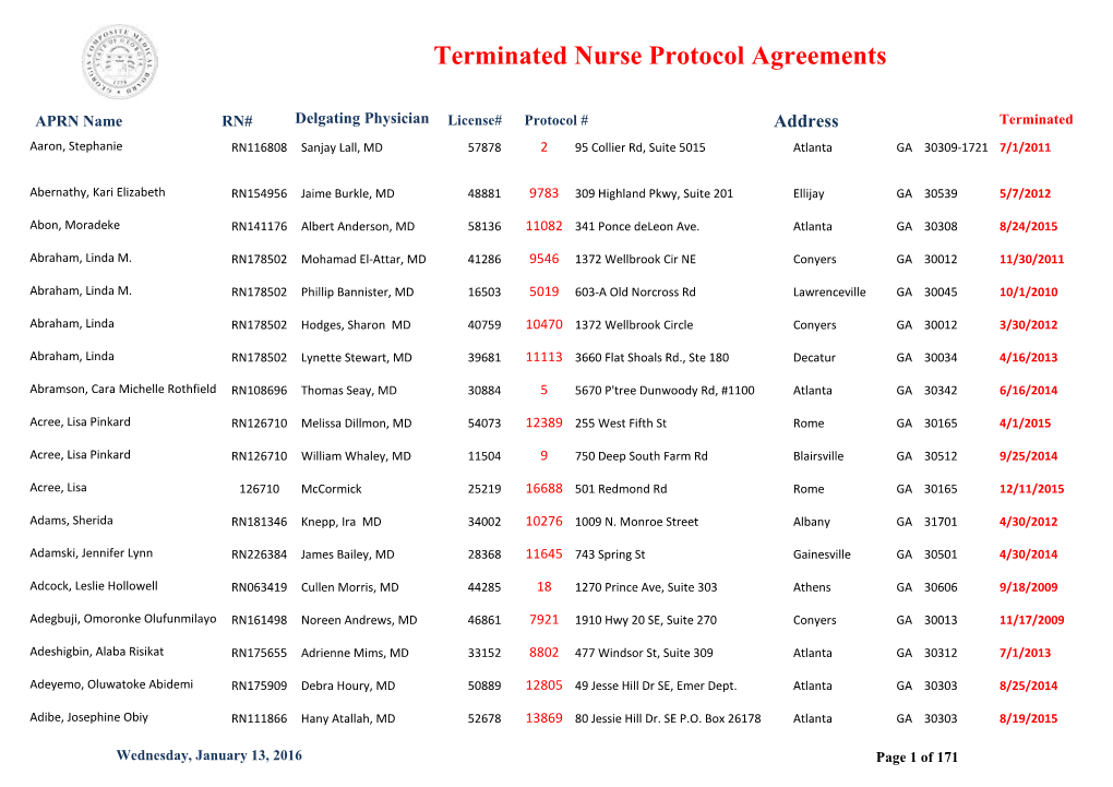 Terminated Nurse Protocol Agreements