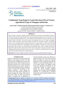 Combination Trap Design to Control the Insect Pest of Various Agricultural Crops at Telangana and Kerala