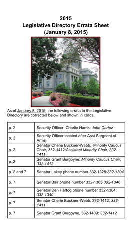 2015 Legislative Directory Errata Sheet (January 8, 2015)
