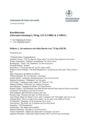 Kurslitteratur Litteraturvetenskap I, 30 Hp, GN (LV0001 & LV001U)