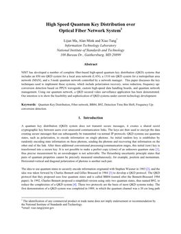 High Speed Quantum Key Distribution Over Optical Fiber Network System1
