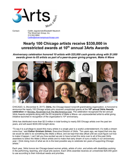 Nearly 100 Chicago Artists Receive $330,000 in Unrestricted Awards at 10Th Annual 3Arts Awards