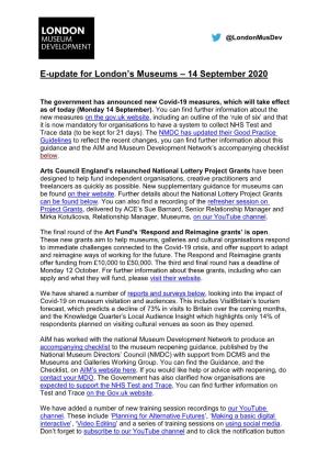 E-Update for London's Museums – 14 September 2020