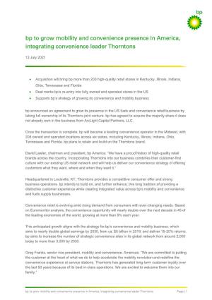 Bp to Grow Mobility and Convenience Presence in America, Integrating Convenience Leader Thorntons