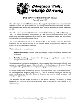 FWP DEWATERING CONCERN AREAS Revised, May 2003
