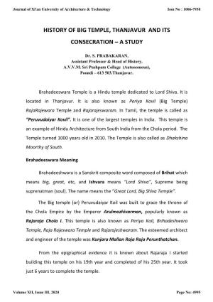 History of Big Temple, Thanjavur and Its Consecration – a Study