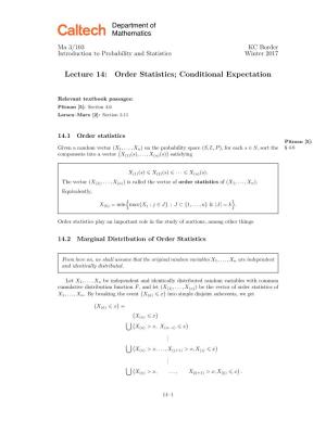 Lecture 14: Order Statistics; Conditional Expectation