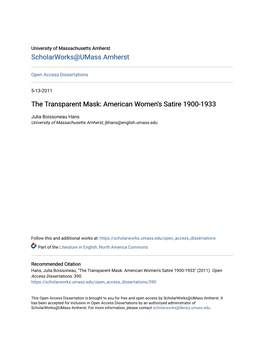 The Transparent Mask: American Women's Satire 1900-1933