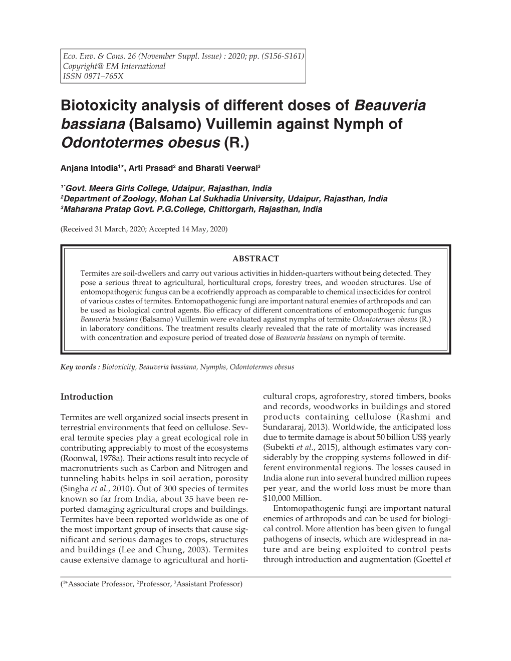 Biotoxicity Analysis of Different Doses of Beauveria Bassiana (Balsamo) Vuillemin Against Nymph of Odontotermes Obesus (R.)