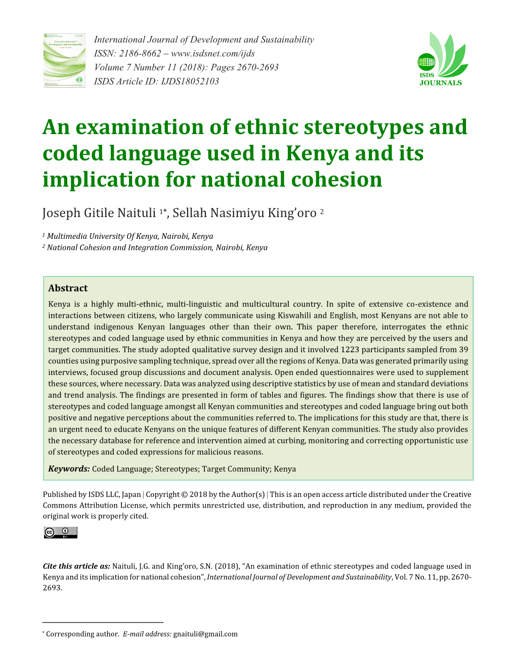 An Examination of Ethnic Stereotypes and Coded Language Used in Kenya and Its Implication for National Cohesion