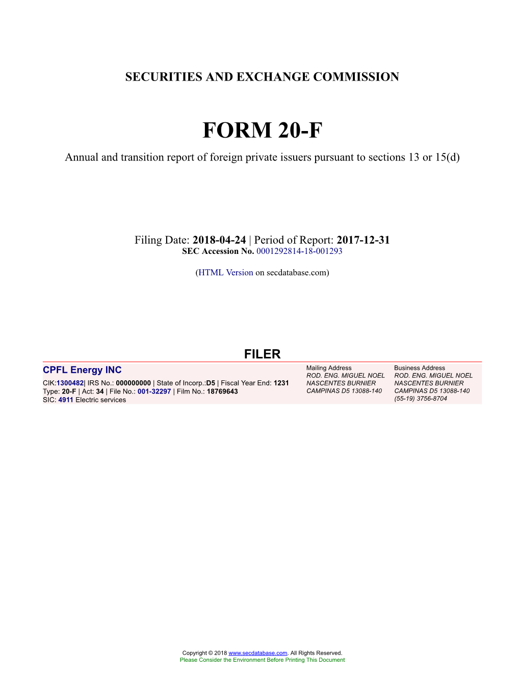 CPFL Energy INC Form 20-F Filed 2018-04-24