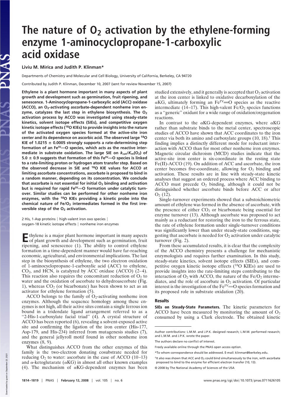 The Nature of O2 Activation by the Ethylene-Forming Enzyme 1-Aminocyclopropane-1-Carboxylic Acid Oxidase