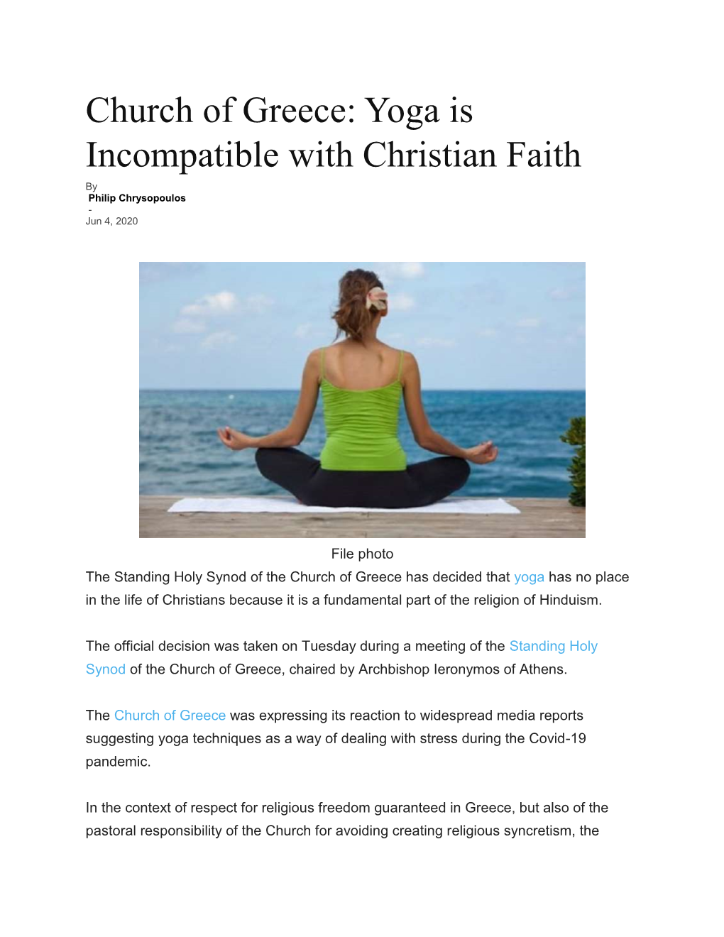 Church of Greece: Yoga Is Incompatible with Christian Faith by Philip Chrysopoulos - Jun 4, 2020