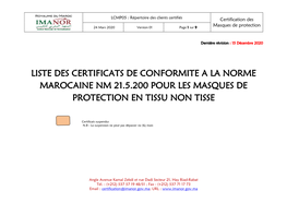 Liste Des Certificats De Conformite a La Norme Marocaine Nm 21.5.200 Pour Les Masques De Protection En Tissu Non Tisse