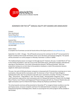 Nominees for the 52Nd Annual Equity Jeff Awards Are Announced