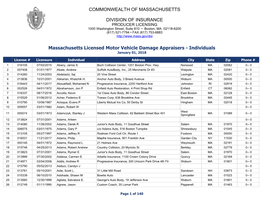 Massachusetts Licensed Motor Vehicle Damage Appraisers - Individuals January 01, 2018