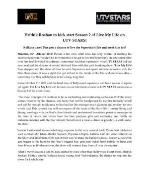 Hrithik Roshan to Kick Start Season 2 of Live My Life on UTV STARS!