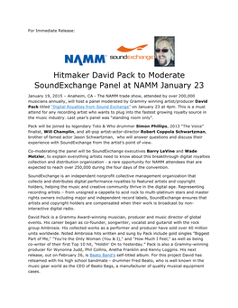 Hitmaker David Pack to Moderate Soundexchange Panel at NAMM January 23