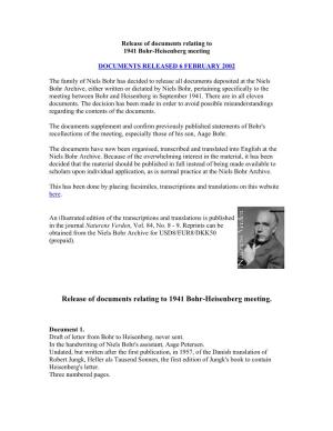 Release of Documents Relating to 1941 Bohr-Heisenberg Meeting