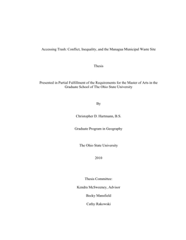 Accessing Trash: Conflict, Inequality, and the Managua Municipal Waste Site Thesis Presented in Partial Fulfillment of the Requi