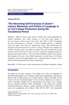 The Becoming Self-Conscious of Zawen”: Literary Modernity and Politics of Language in Lu Xun’S Essay Production During His Transitional Period