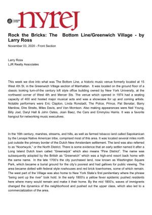 Rock the Bricks: the Bottom Line/Greenwich Village - by Larry Ross November 03, 2020 - Front Section