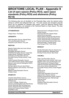 Appendix 9 List of Open Spaces (Policy RC5), Open Space Standards (Policy RC6) and Allotments (Policy RC10)