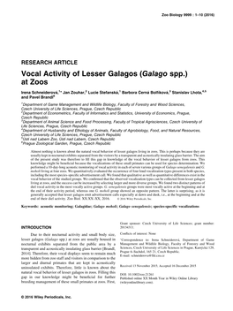 Vocal Activity of Lesser Galagos (Galago Spp.) at Zoos