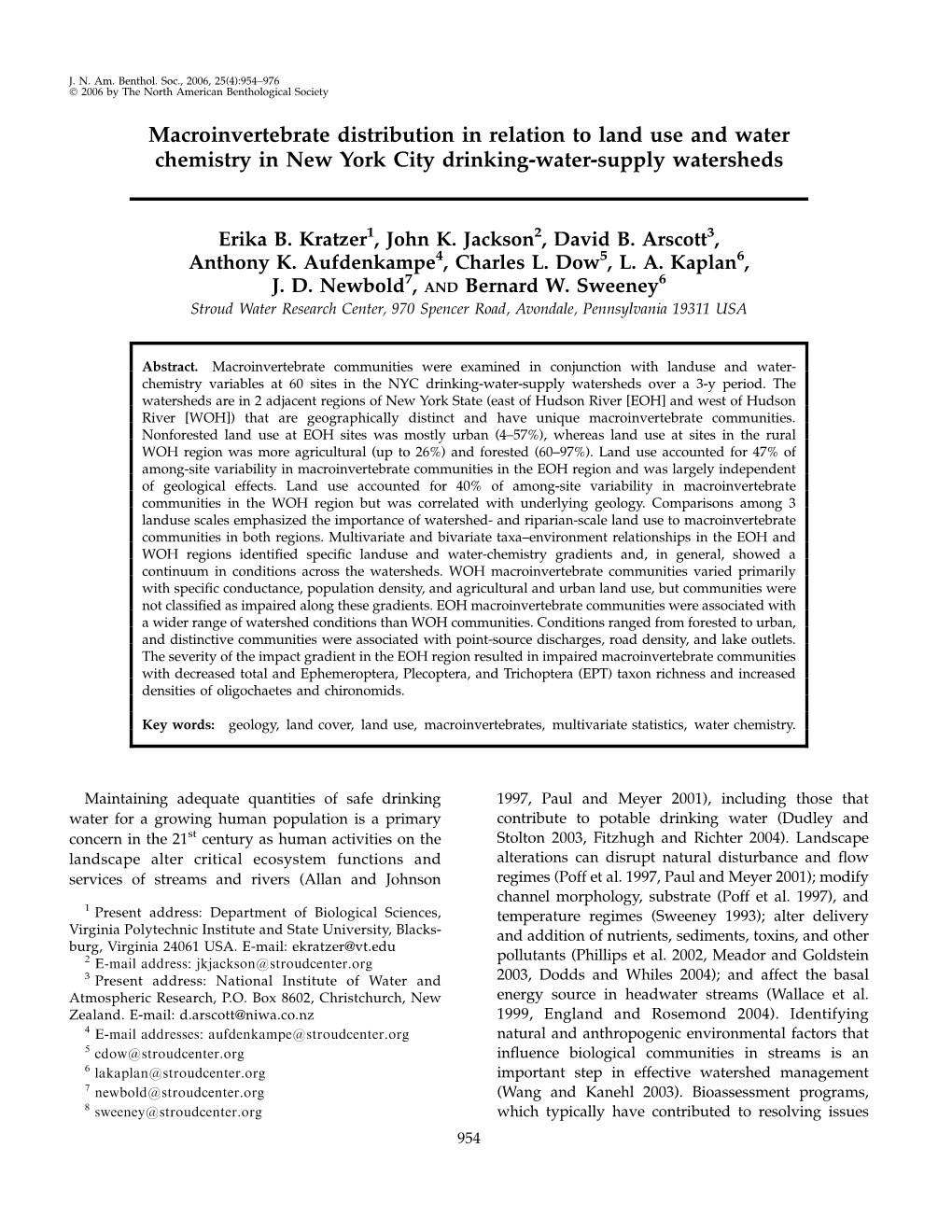 Macroinvertebrate Distribution in Relation to Land Use and Water Chemistry in New York City Drinking-Water-Supply Watersheds