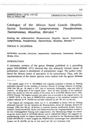 Catalogue of the African Sand Lizards (Reptilia: Sauria: Eremiainae: Lampi'eremias, Pseuderemias, Taenieremias, Mesalina, Meroles) *