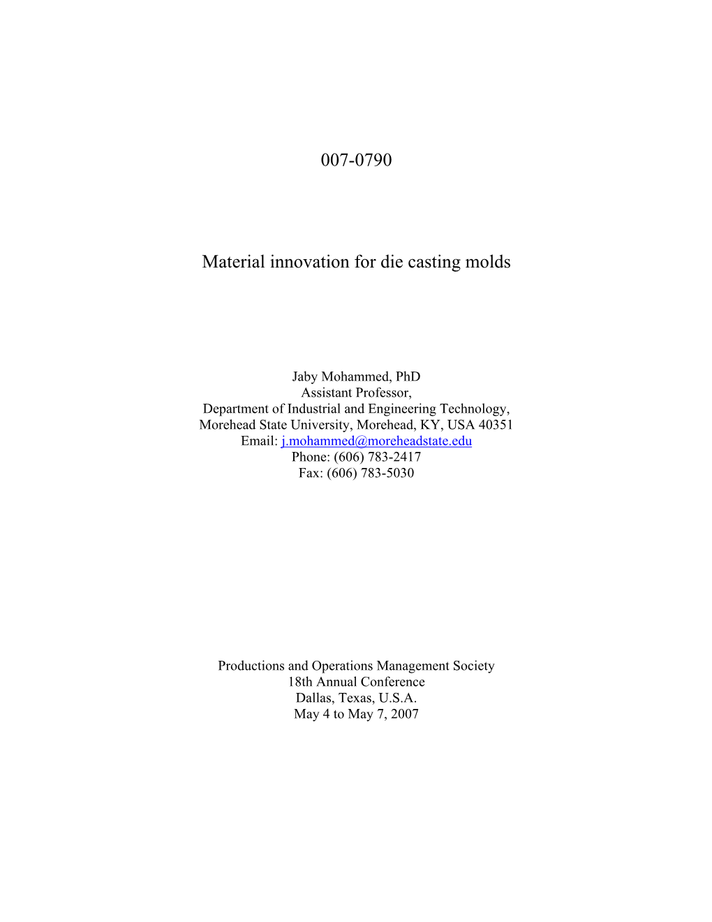 007-0790 Material Innovation for Die Casting Molds
