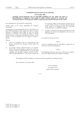 No 1883/2002 of 22 October 2002 Amending Council Regulation