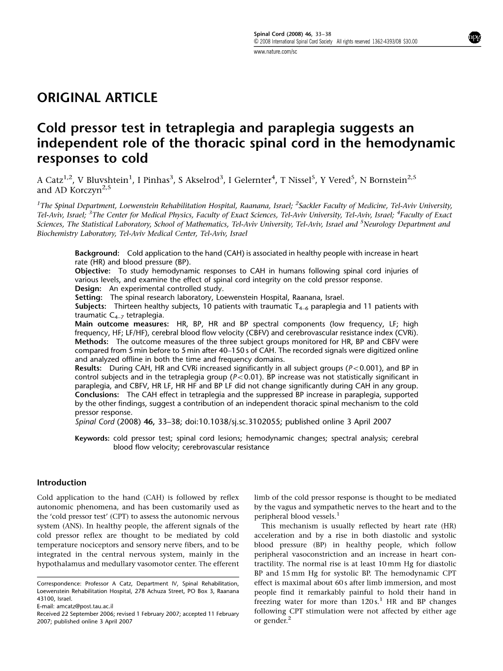 Cold Pressor Test in Tetraplegia and Paraplegia Suggests an Independent Role of the Thoracic Spinal Cord in the Hemodynamic Responses to Cold