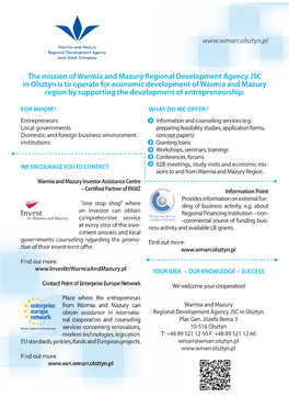 The Mission of Warmia and Mazury Regional Development Agency JSC in Olsztyn Is to Operate for Economic Development of Warmia